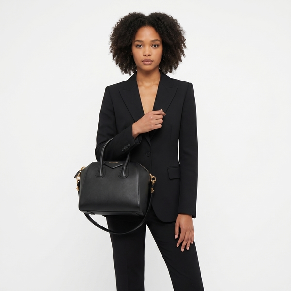 Grained Leather Mini Antigona Bag Black