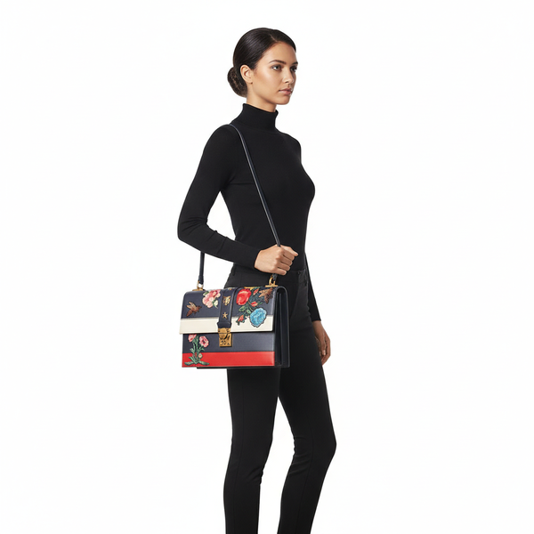 Leather Riche Striped Embroidered Shoulder Bag Navy