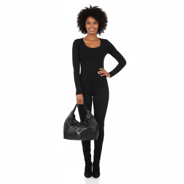 Leather Medium Stirrup Shoulder Bag Black