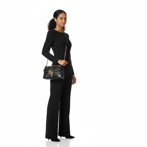 Leather GG Marmont Medium Shoulder Bag Black