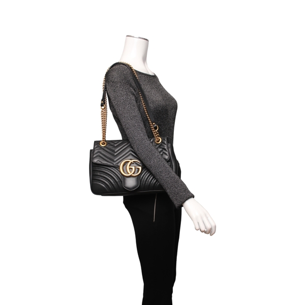 Leather GG Marmont Medium Shoulder Bag Black