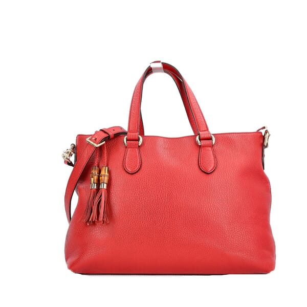 Leather Large Bamboo Tassel Tote Red