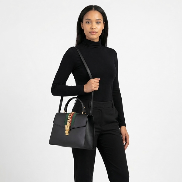 Leather Web Medium Sylvie Shoulder Bag Black