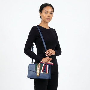 Leather Small Sylvie Shoulder Bag Navy, view 8