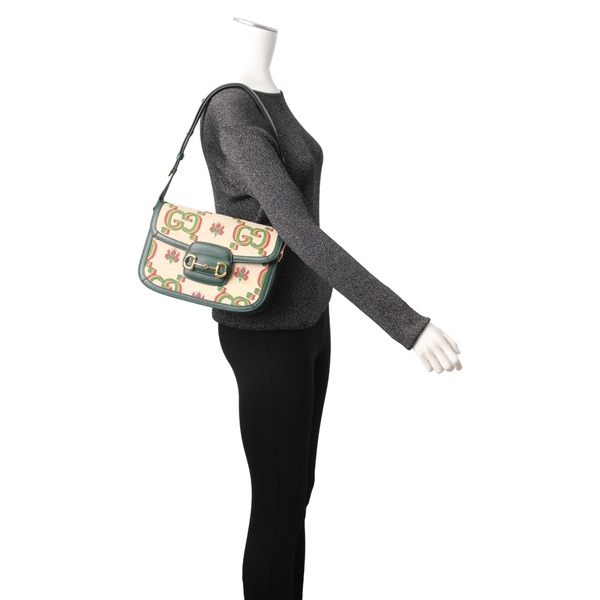 Leather/Canvas 100 Horsebit 1955 Shoulder Bag Green/Cream