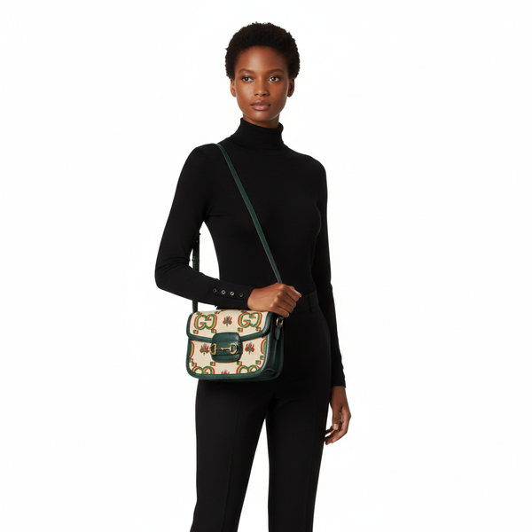 Leather/Canvas 100 Horsebit 1955 Shoulder Bag Green/Cream