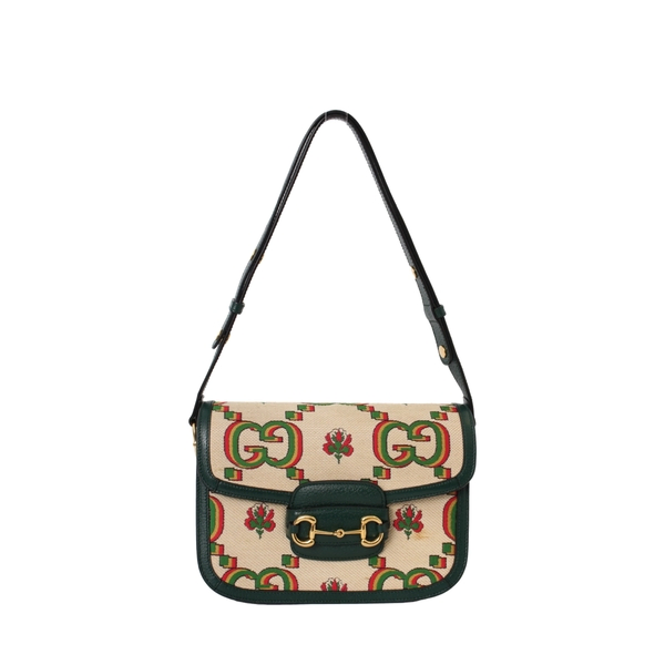 Leather/Canvas 100 Horsebit 1955 Shoulder Bag Green/Cream