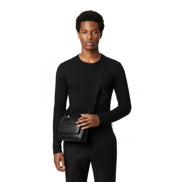 Leather GG Embossed Messenger Black