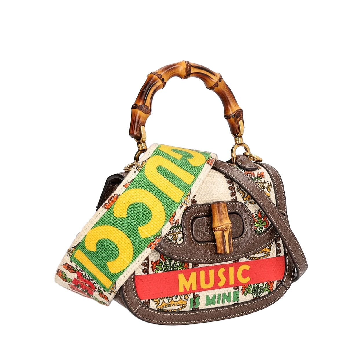 GUCCI Canvas/Leather Music 100 Centennial Bamboo Top Handle Bag
