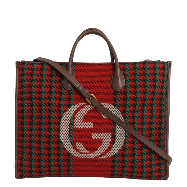 Wool/Leather Houndstooth Tote Red/Brown