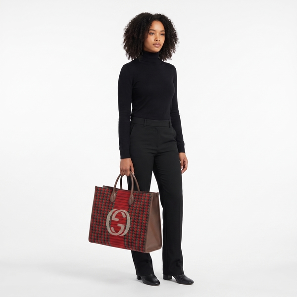 Wool/Leather Houndstooth Tote Red/Brown