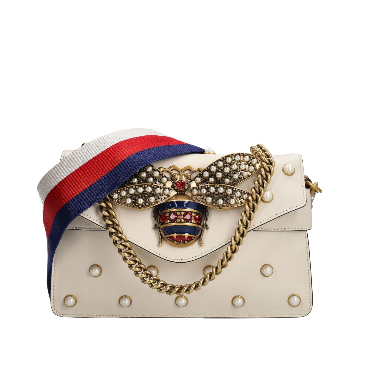 GUCCI Leather Broadway Pearl Bee Mini Shoulder Bag White | Luxity
