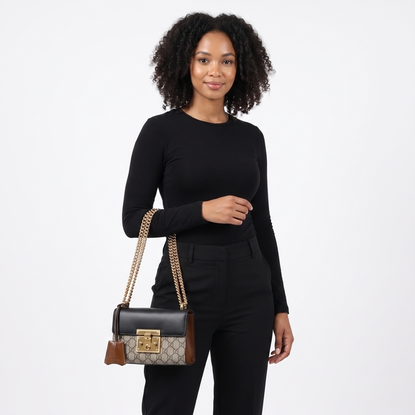 Supreme GG/Leather Padlock Small Shoulder Bag Beige/ Ebony/Black