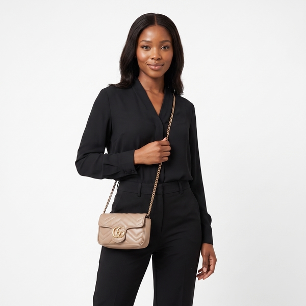 Leather GG Marmont Mini Shoulder Bag Taupe