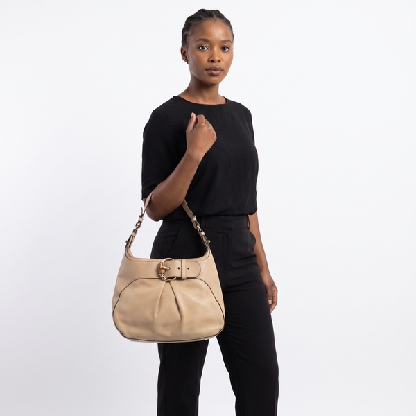 Leather Bamboo Buckle Shoulder Bag Beige