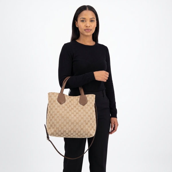 Leather/Canvas GG Medium Ramble Reversible Tote Beige/Brown