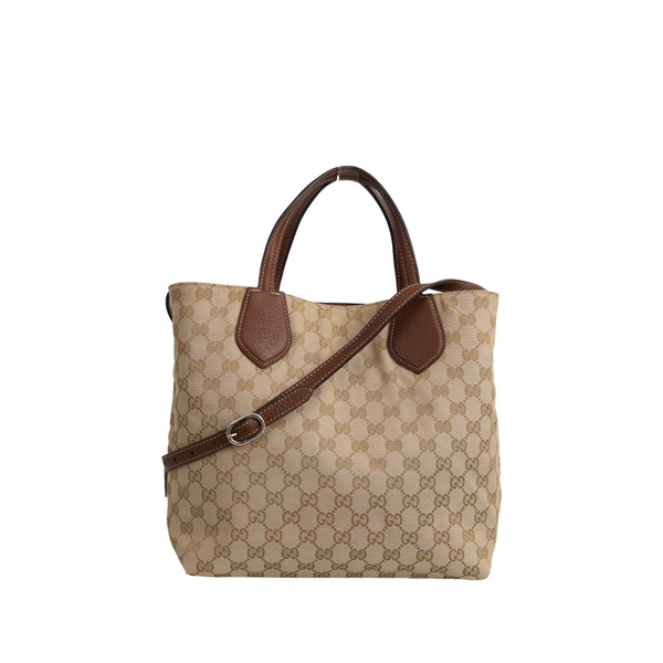 Leather/Canvas GG Medium Ramble Reversible Tote Beige/Brown