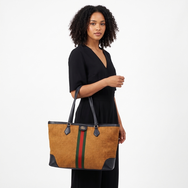 Raffia Ophidia Tote Brown/Navy