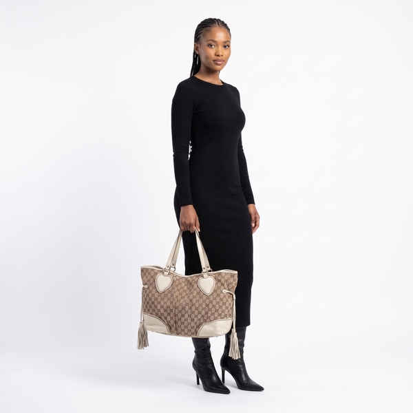 Canvas Tribeca Tassel Tote Beige/White