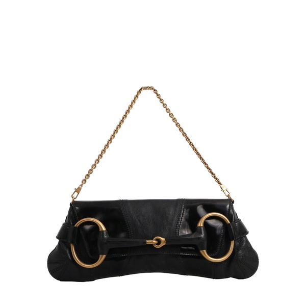 Vintage Leather Horsebit Chain Clutch Black