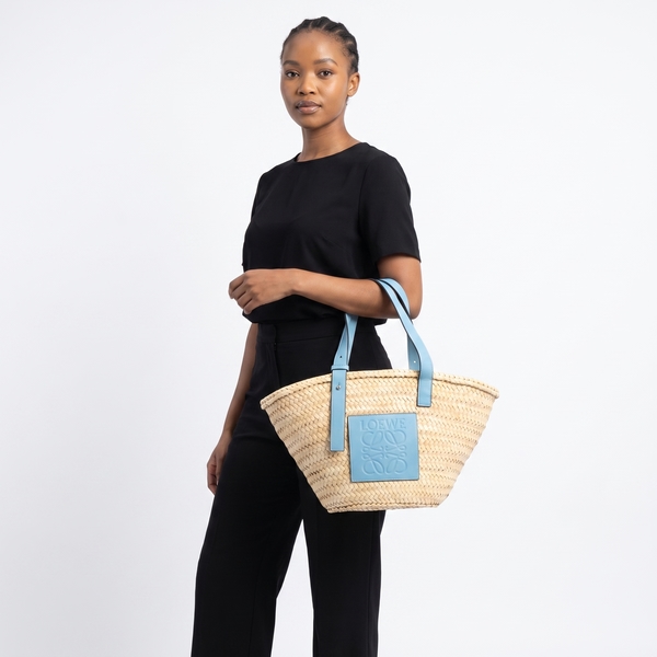 Raffia Medium Anagram Basket Tote Light Blue
