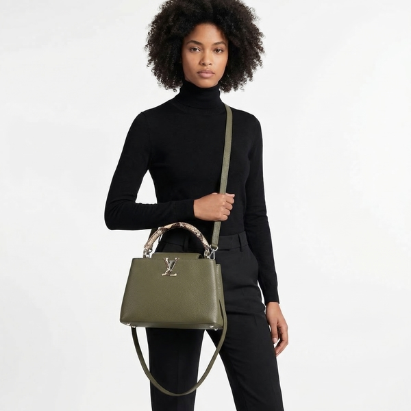 Taurillon/Snake Skin Capucines MM Khaki