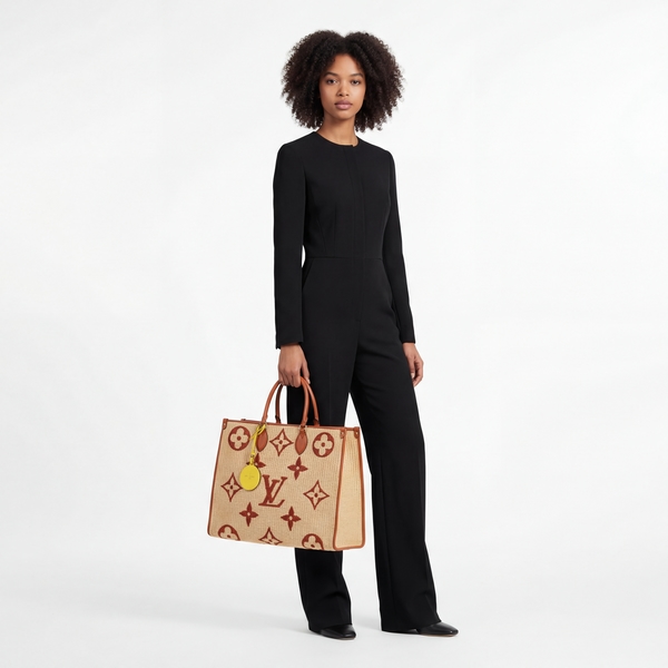 Raffia Monogram OnTheGo Tote MM Tan