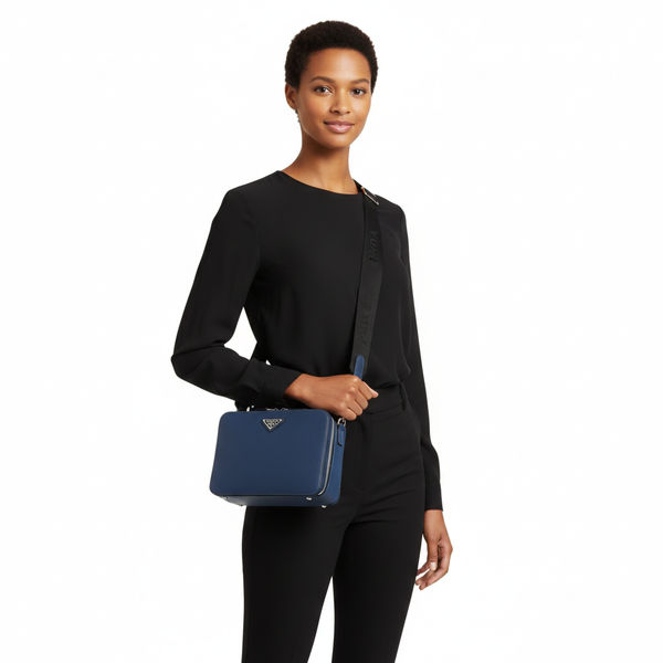 Saffiano Leather Medium Brique Shoulder Bag Navy