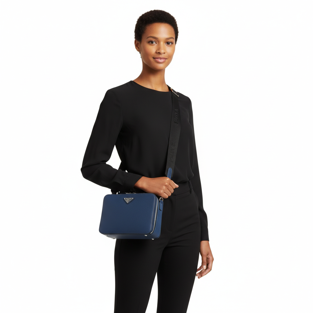 PRADA Saffiano Leather Medium Brique Shoulder Bag Navy | Luxity
