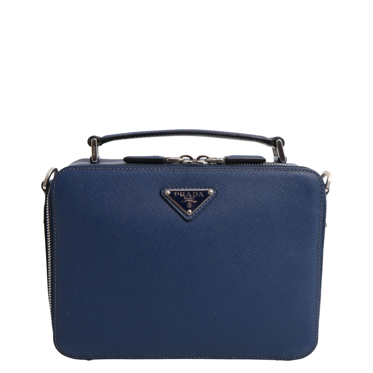 PRADA Saffiano Leather Medium Brique Shoulder Bag Navy | Luxity