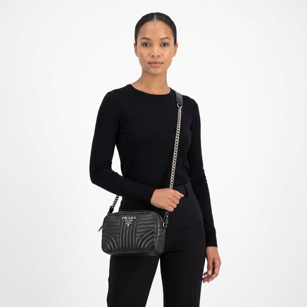 Quilted Leather Diagramme Crossbody Bag Black