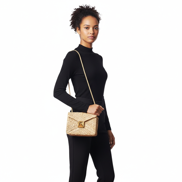 Leather/Raffia Crossbody Bag Pecan