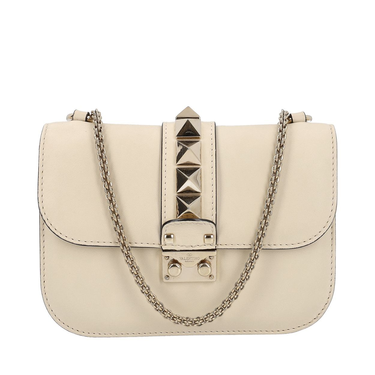 VALENTINO Leather Rockstud Small Glam Lock Crossbody Bag Ivory