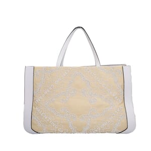 Canvas Bead Embellished VLogo Tote Beige/White, view 3
