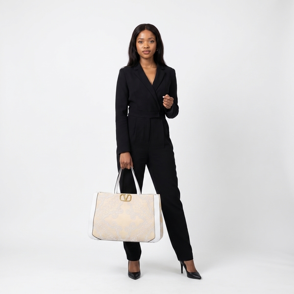 Canvas Bead Embellished VLogo Tote Beige/White