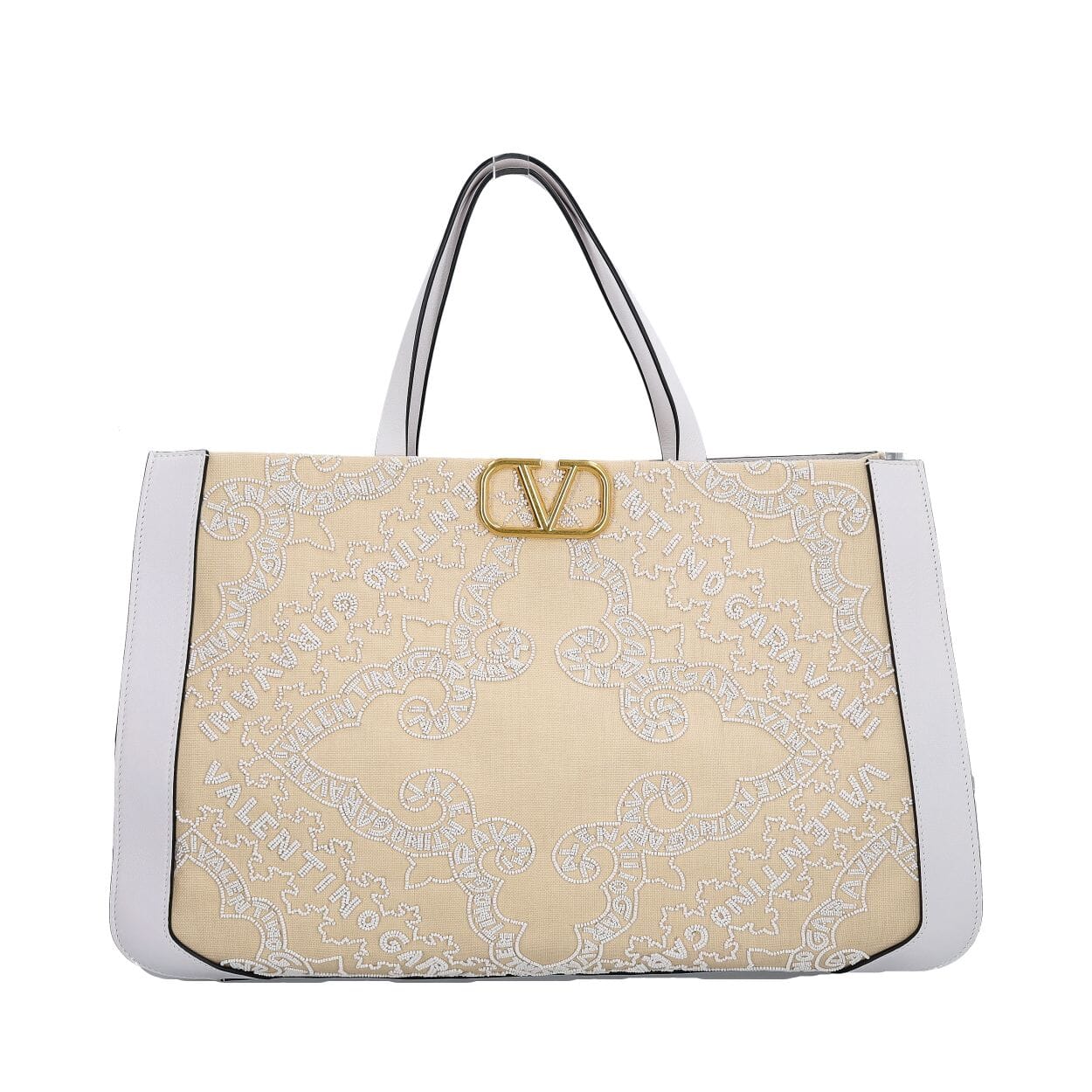 Canvas Bead Embellished VLogo Tote Beige/White