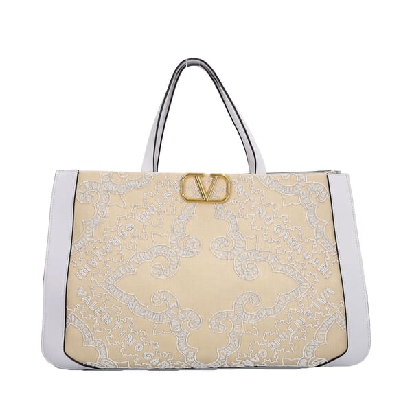 Canvas Bead Embellished VLogo Tote Beige/White