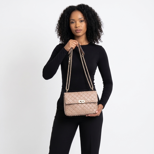 GARAVANI Leather Rockstud Spike Medium Bag Nude