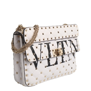 Leather VLTN Rockstud Shoulder Bag White, view 2