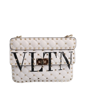 Leather VLTN Rockstud Shoulder Bag White, view 4