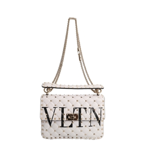 Leather VLTN Rockstud Shoulder Bag White, view 5