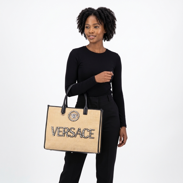 Raffia/Leather Tote Neutral/Black