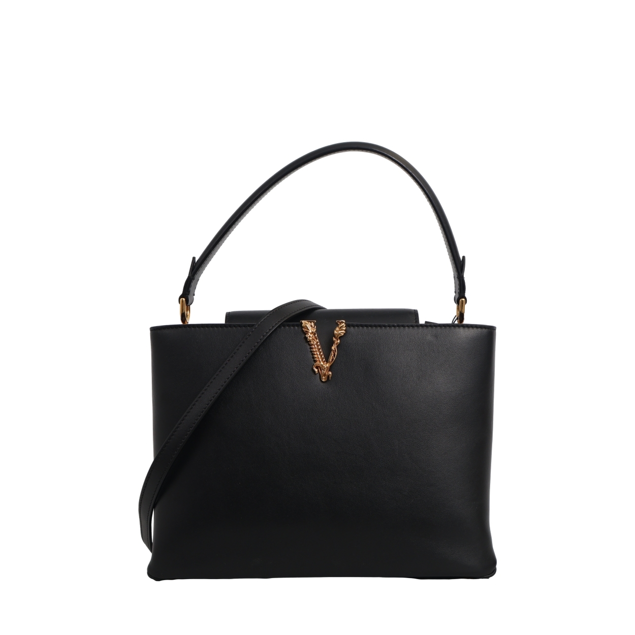 Leather Greca Goddess Top Handle Bag Black