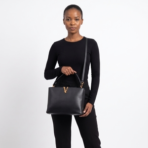 Leather Greca Goddess Top Handle Bag Black, view 8
