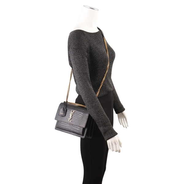 Croc Embossed Sunset Medium Shoulder Bag Black