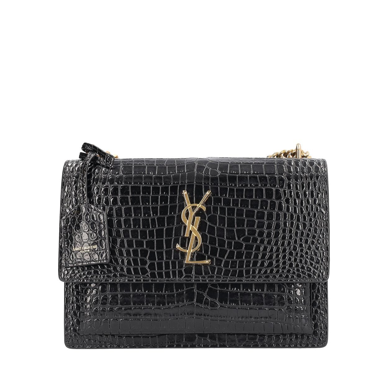 SAINT LAURENT Croc Embossed Sunset Medium Shoulder Bag Black | Luxity