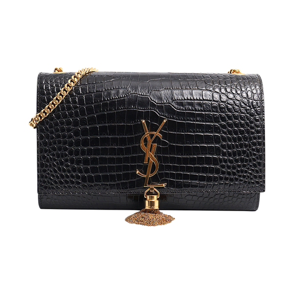 Croc Embossed Medium Kate Tassel Shoulder Bag Black