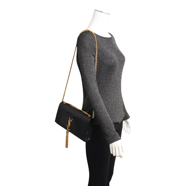 Croc Embossed Medium Kate Tassel Shoulder Bag Black