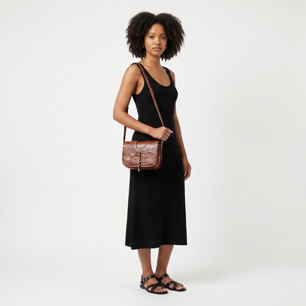 Embossed Leather Charlotte Toy Crossbody Bag Brown