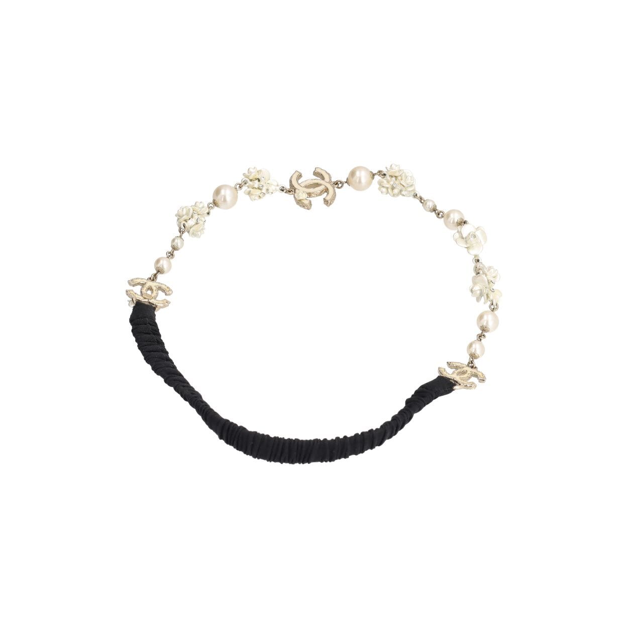 CHANEL Camellia/Faux Pearl Elastic Headband Ivory/Black | Luxity